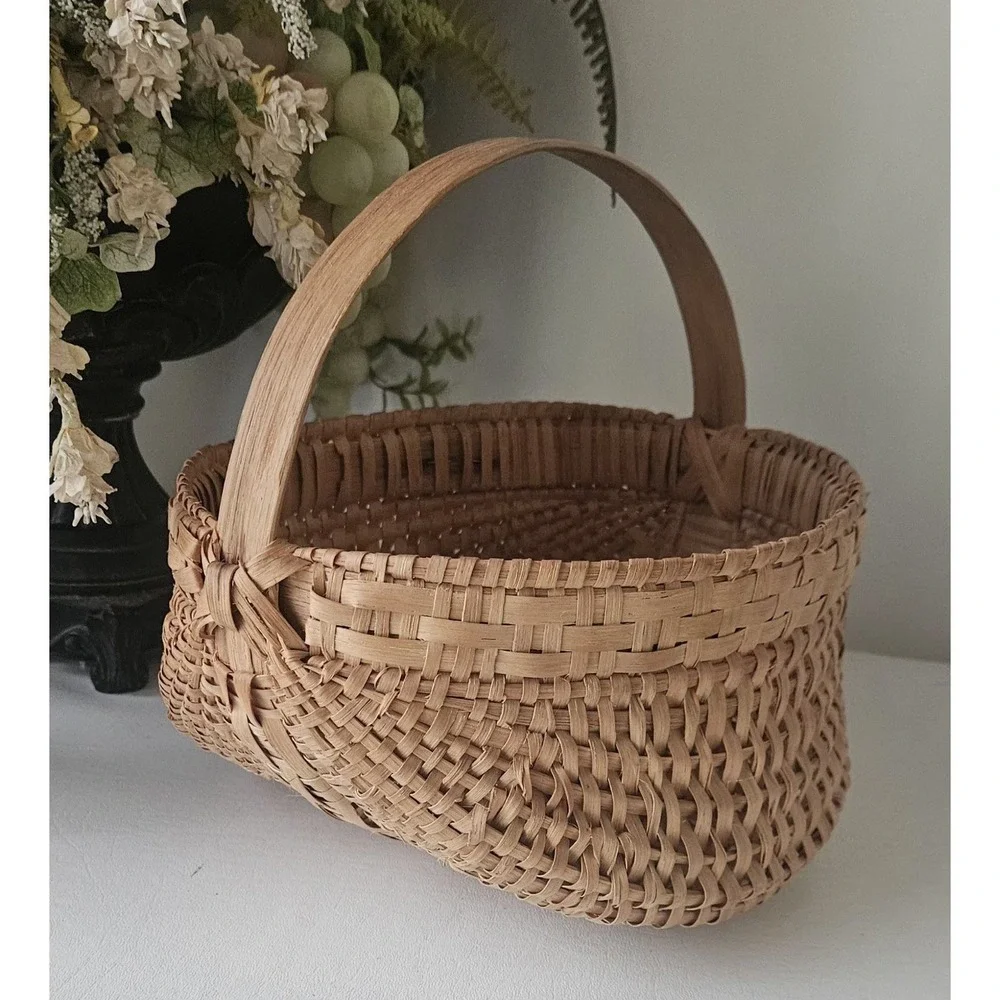 Antique Hand-Woven Gathering Basket Bentwood Handle 9